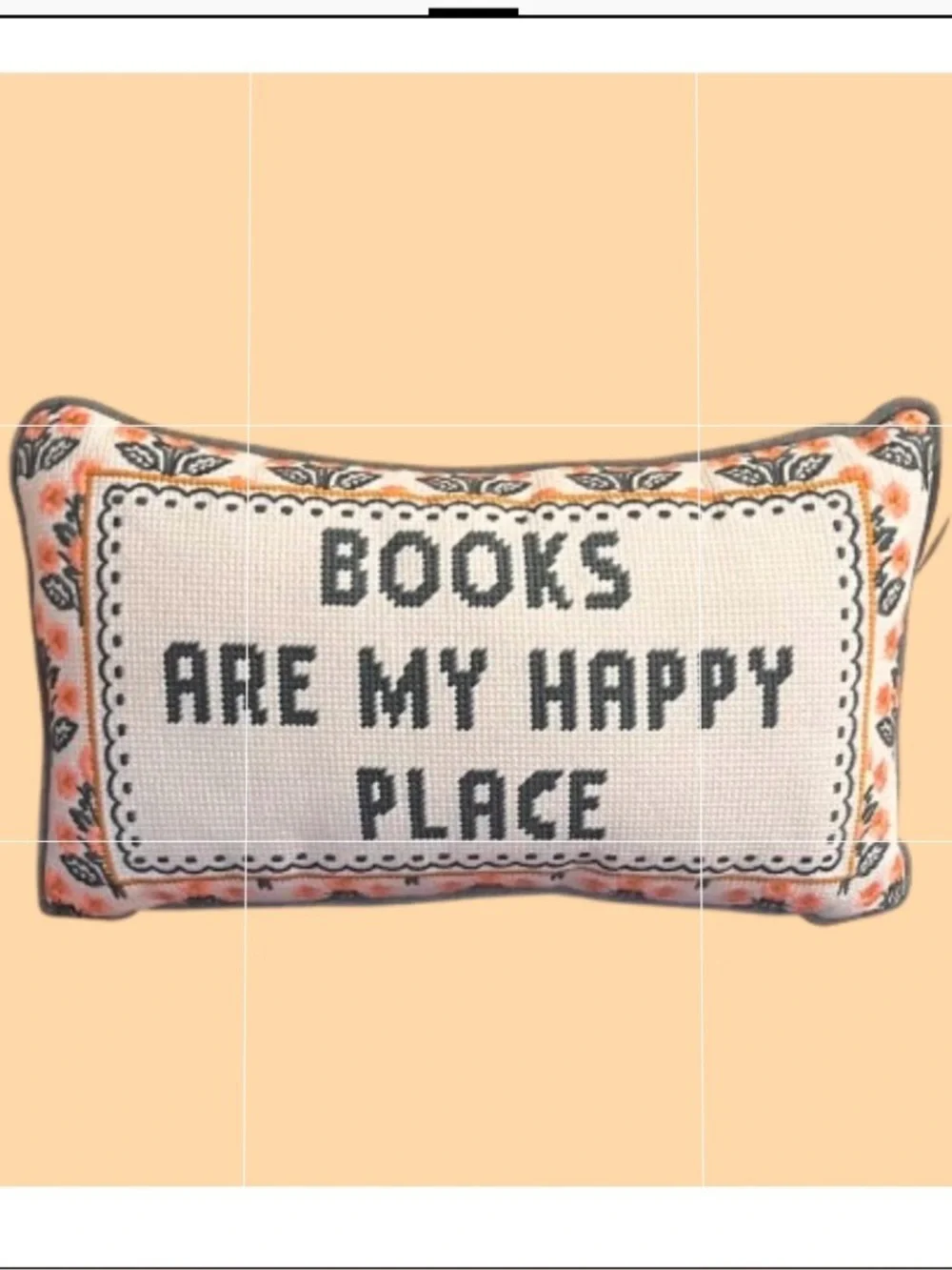 🆕- Embroidered  “BOOKS ARE MY HAPPY PLACE” Accent Pillow with Floral Border